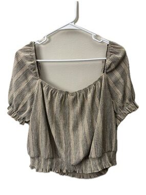 H&M Off Shoulder Crinkle Blouse Size L Taupe Striped Boho Top